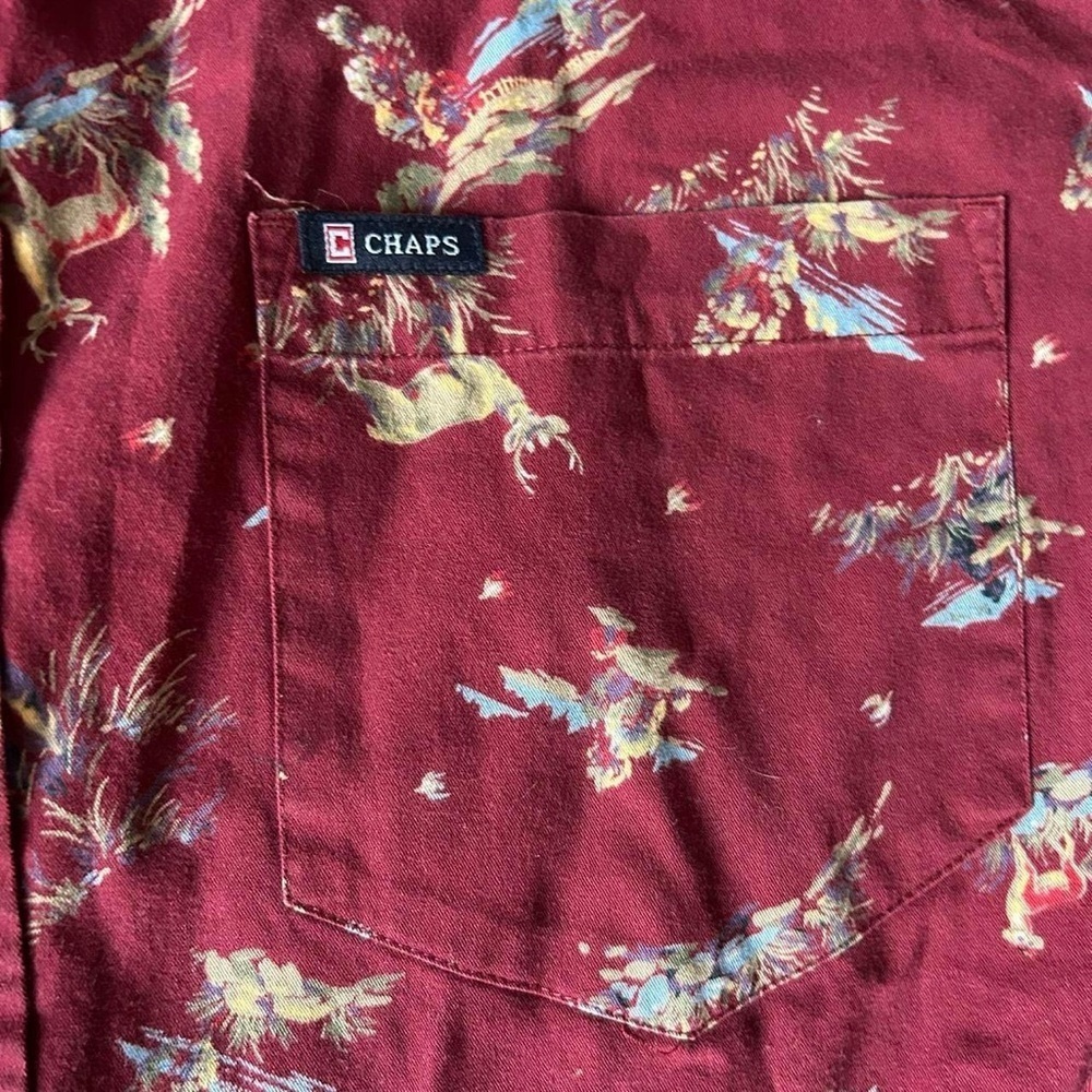 🦌Vintage 1990s Chaps Men’s Burgundy Deer Hunter Pattern | Sz Large |Button Down - Picture 6 of 8